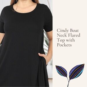 Women's Black Boat Neck Flared Top with Pockets